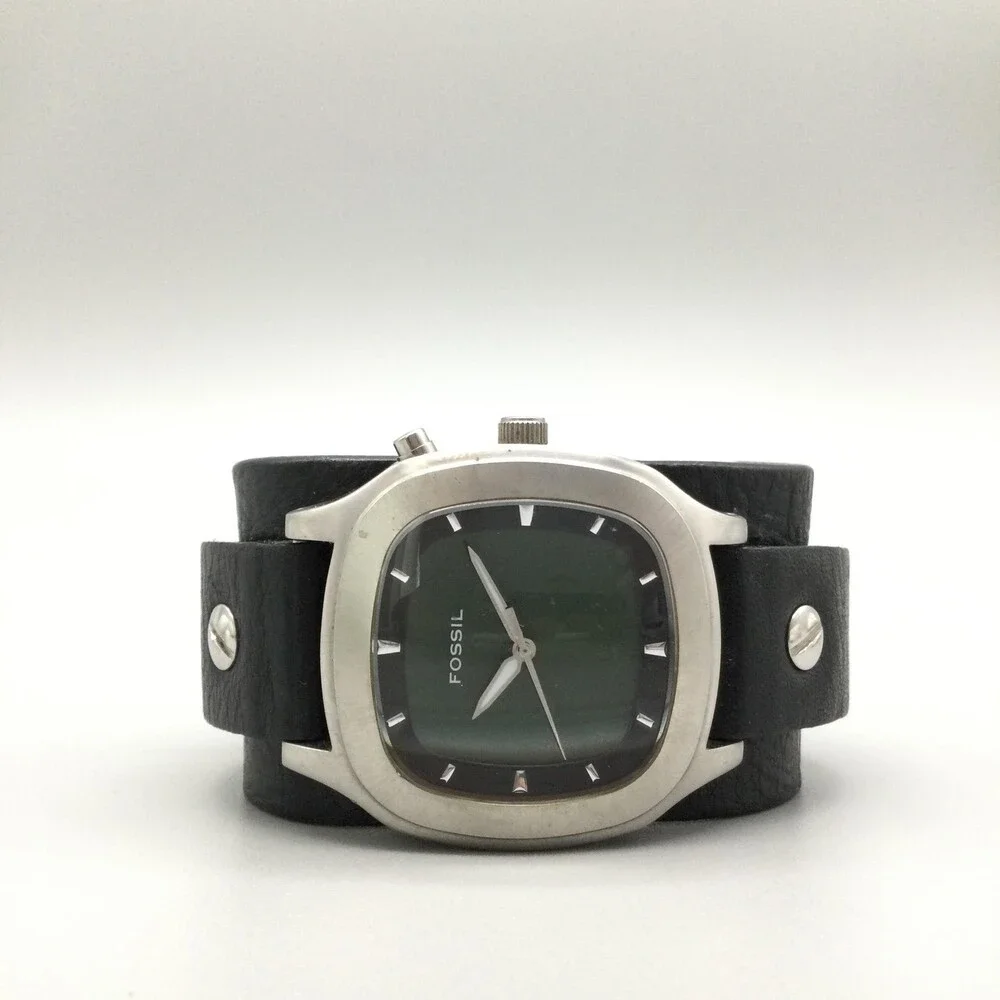 Fossil Big Tic Mens Watch 39mm Green Blue Dial Steel Black Leather New Battery